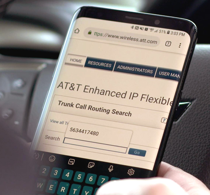 Smart phone screen showing AT&T Enhanced IP Flexible dashboard.